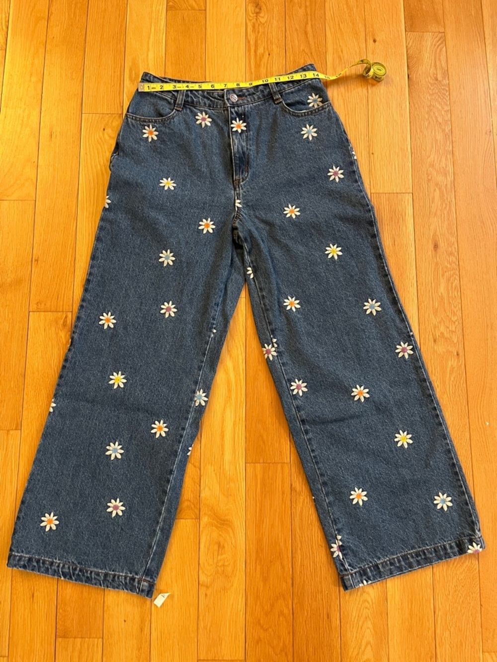 Princess Highway Blue Wide-Leg Jeans with Embroidered multi colored Daisy